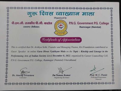 Certificate of Apprication | Arshiya Sethi | Guru Diwas Vyakhyan Mala - 8th December, 2022